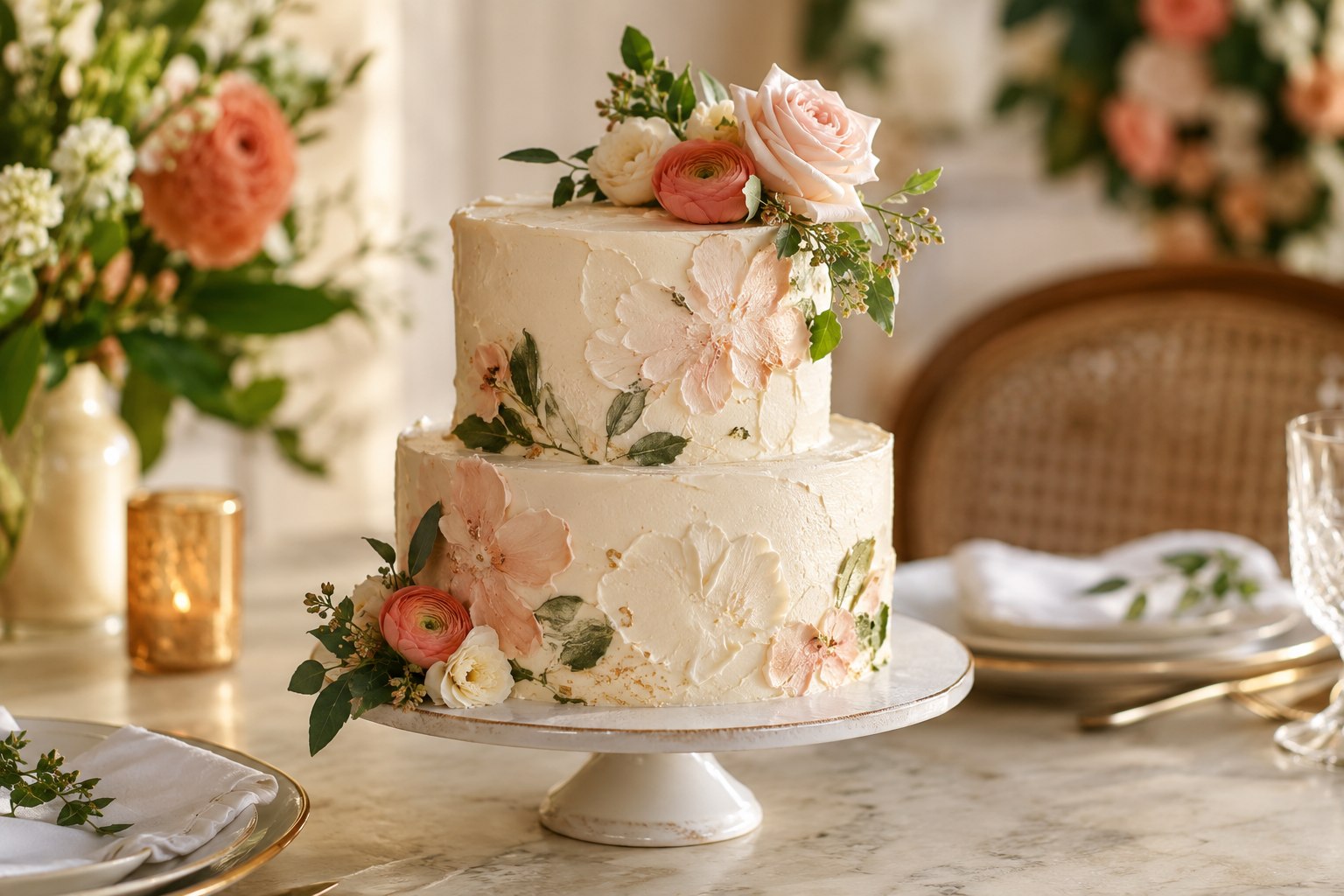 Elegant two-tier celebration cake with delicate flowers