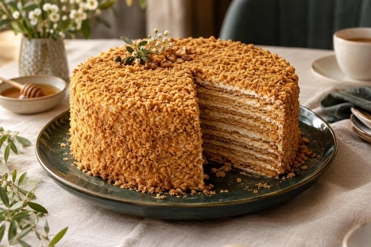 Layered honey Medovik cake with a slice removed