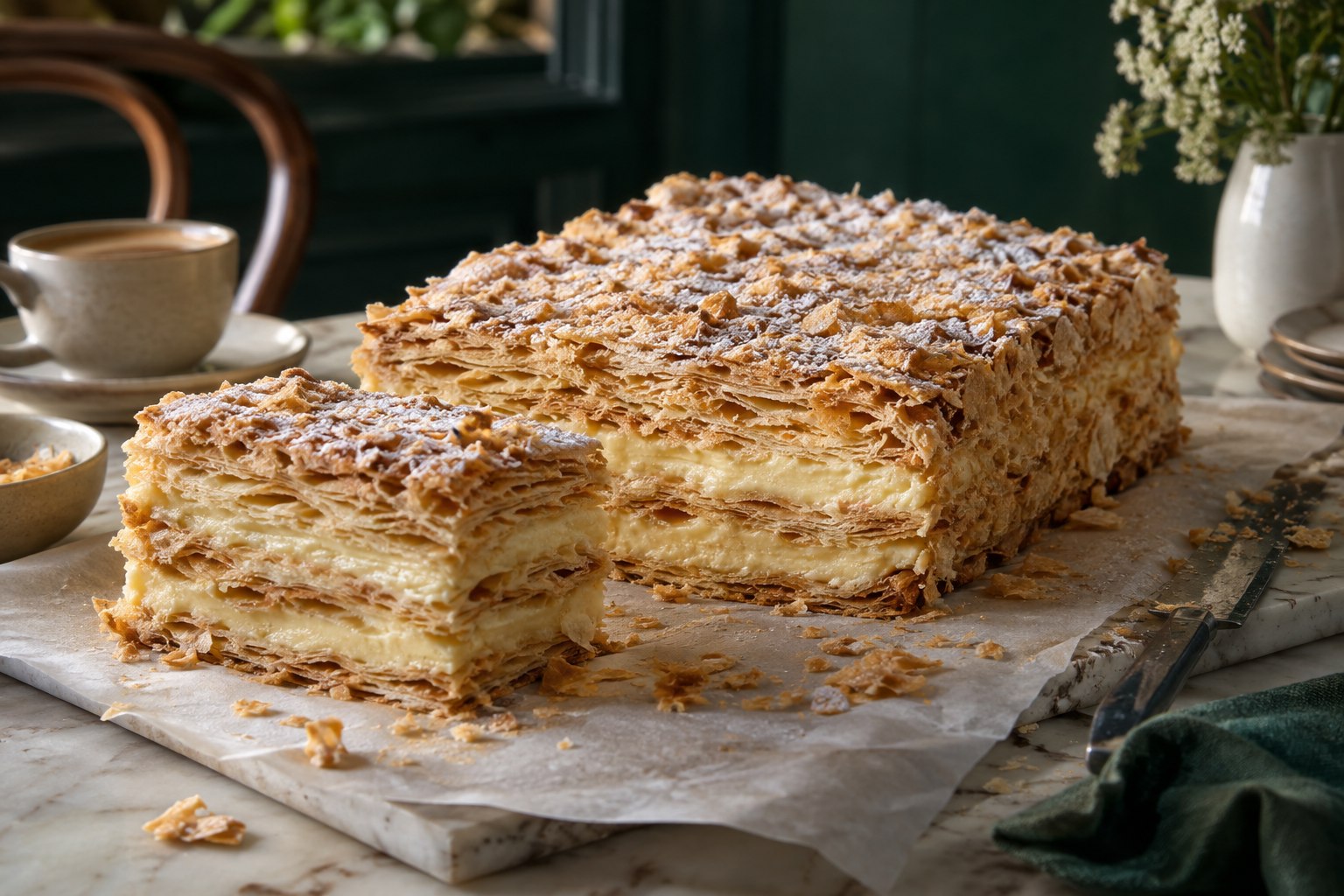 Flaky Napoleon cake with vanilla custard layers